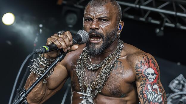 Muscular Man with Tattoos Singing into Microphone on Dark Stage photo