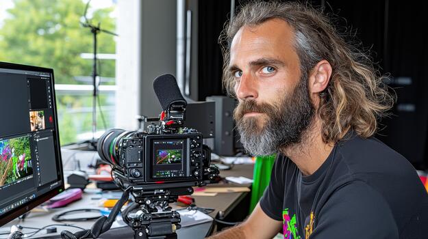Focused Videographer with Camera and Monitors in Bright Studio photo