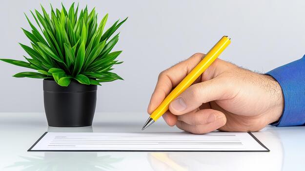 Hand Signing a Check Close up of a Person Writing on a Document with photo