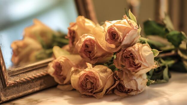 Wilted Roses Reflected in Ornate Mirror, Symbolizing Time Passing and Fading Beauty photo