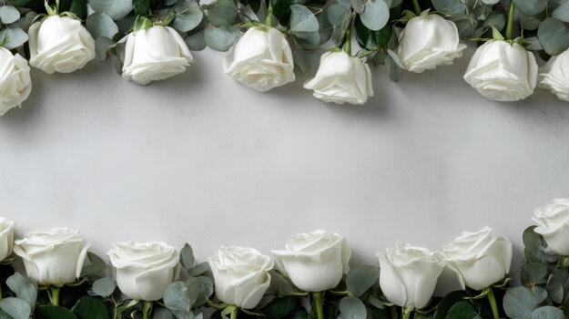 Elegant White Rose Border with Eucalyptus Leaves on Light Gray Background, spring photo