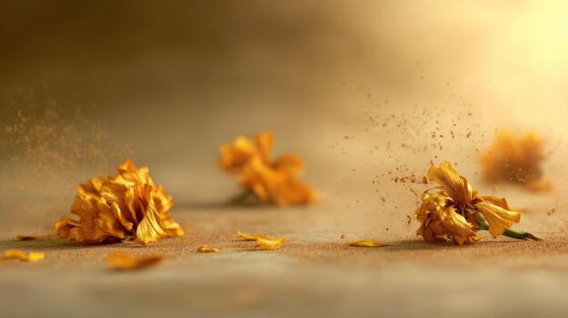 Withered Yellow Flowers on Sandy Surface with Flying Dust Particles, Macro Shot, textured photo