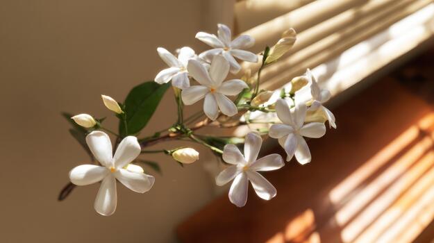 Fragrant Jasmine Flowers Branch with Sunlight Shadows, Macro Photography, fresh photo