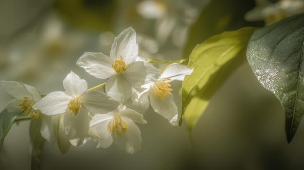 Jasmine Flowers Branch Close-up Macro White Petals Yellow Stamens Soft Bokeh photo