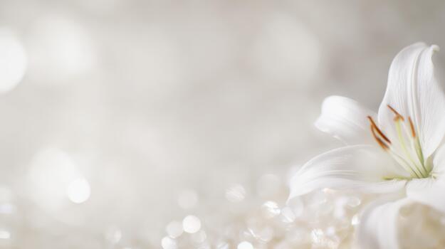 Soft focus white lily flower with bokeh lights, delicate floral background, stamen photo