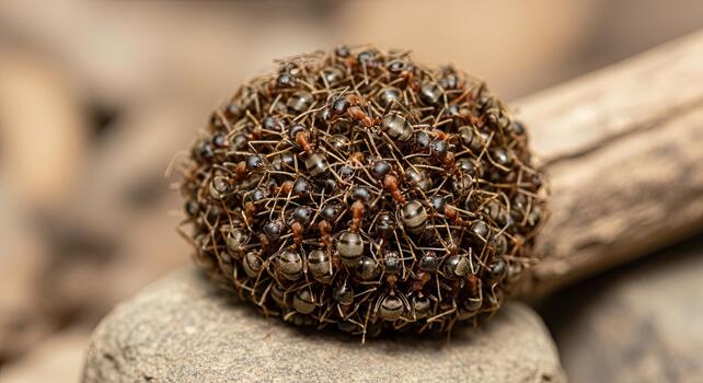 A dense spherical cluster of ants working together in nature. photo