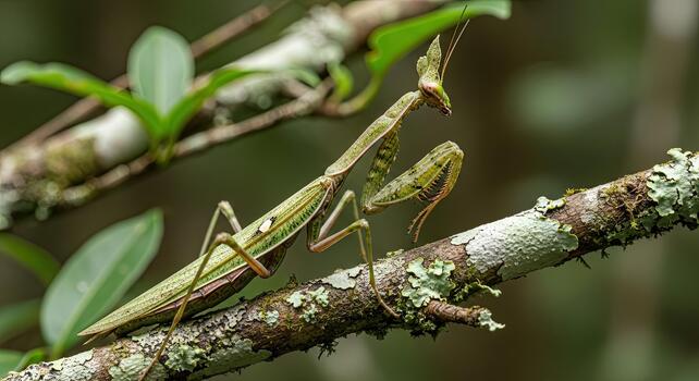 A detailed close-up of a green praying mantis perched on a moss-covered branch in a natural forest setting. photo