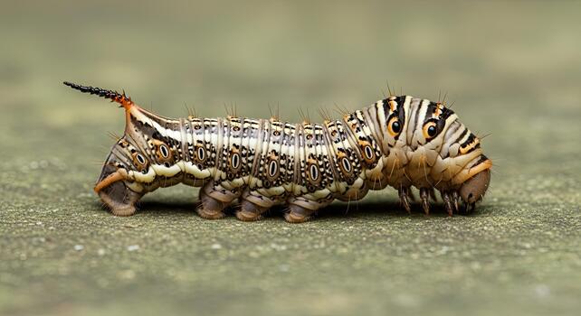 un detallado macro fotografía de un único oruga con intrincado plata y negro patrones. foto
