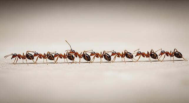 A long line of ants marching in a perfect single file formation on a plain background. photo