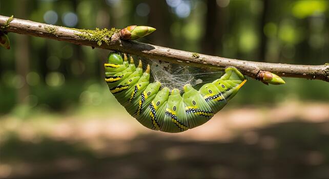 A large green caterpillar hanging upside down from a tree branch. photo