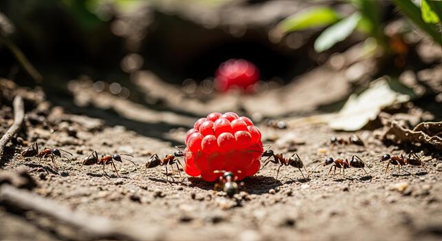 A single ripe raspberry rests on the dry soil of a garden path. photo