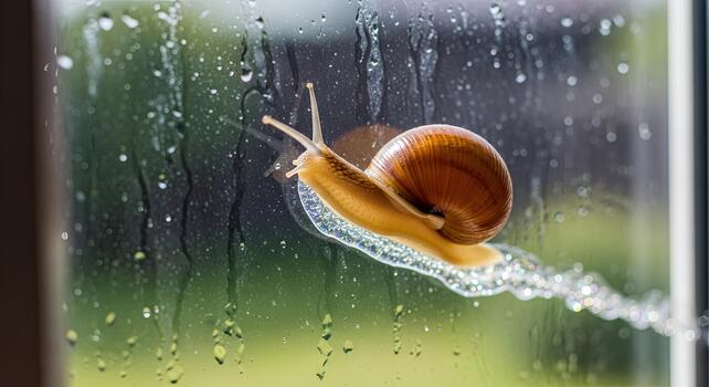 A small garden snail with a brown shell crawling up a wet window pane after the rain. photo