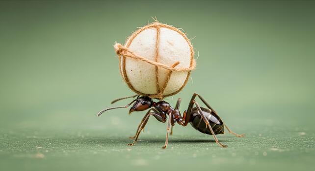 A tiny determined ant demonstrates incredible strength carrying a heavy spherical load. photo