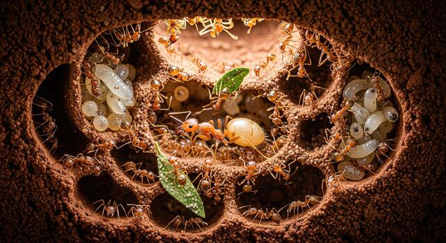 Ant colony with larvae and eggs in a cross-section view of their underground nest. photo