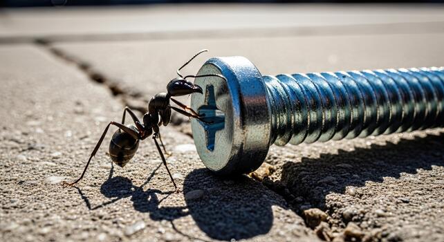Ant struggles to move a large metal bolt on a concrete surface. photo