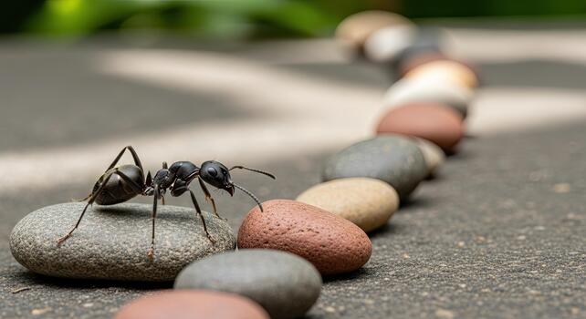 Ant walking on a line of pebbles on a textured surface. photo