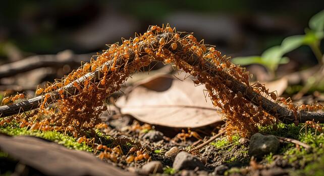 Ants building a nest with twigs and leaves in a natural environment. photo
