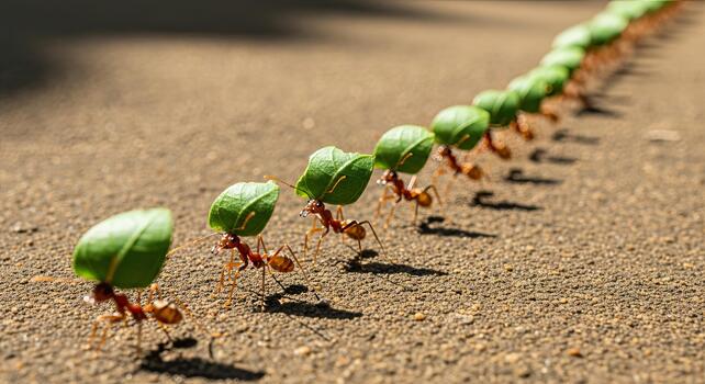 Ants carrying leaves in a line, teamwork and collaboration. photo