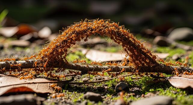 Ants forming a bridge over a forest floor, natures teamwork. photo