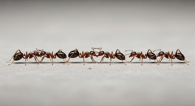 Ants in a row, teamwork and cooperation concept on a surface. photo