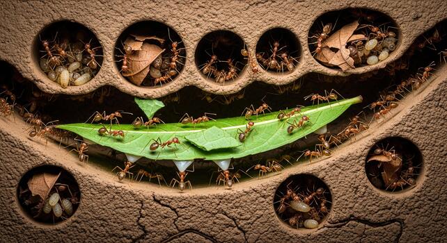 Ants in their nest carrying a leaf, detailed macro shot. photo