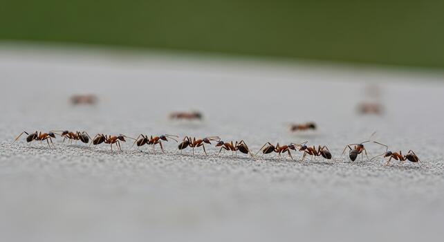 Ants Marching in a Line on a White Surface. photo