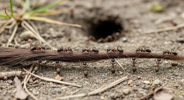 Ants marching in a line carrying an object near their nest entrance. photo