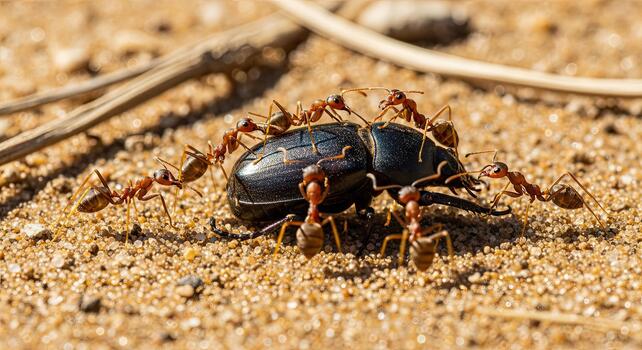 Ants working together to move a beetle on the ground. photo