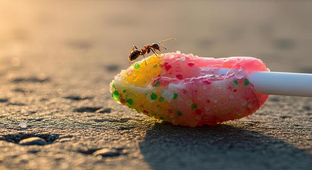 Bee on a colorful lollipop on the ground at sunset. photo