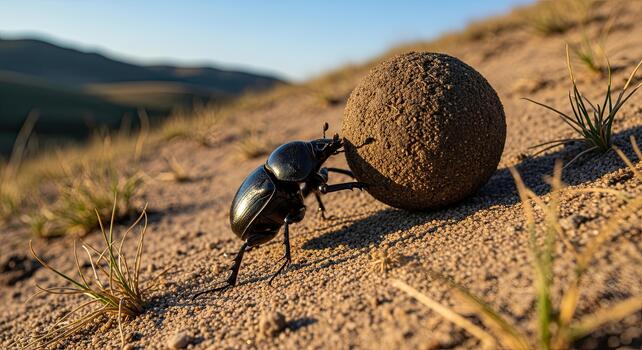 Beetle pushing a ball of dung uphill in a desert landscape. photo