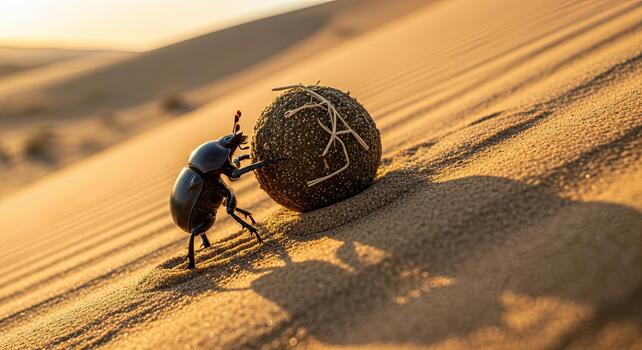 Beetle Pushing Ball Up Dune - Perseverance in the Desert. photo