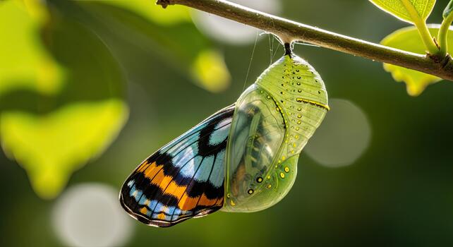 Butterfly Emerging from Chrysalis on a Branch. photo