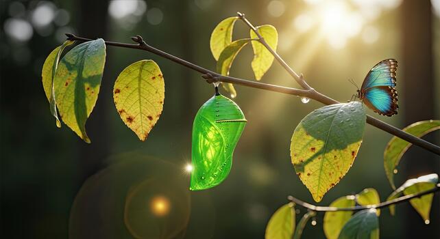 Butterfly emerging from chrysalis on a branch in the sunlight. photo