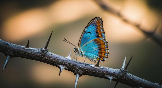 Butterfly resting on a thorny branch in natural light. photo