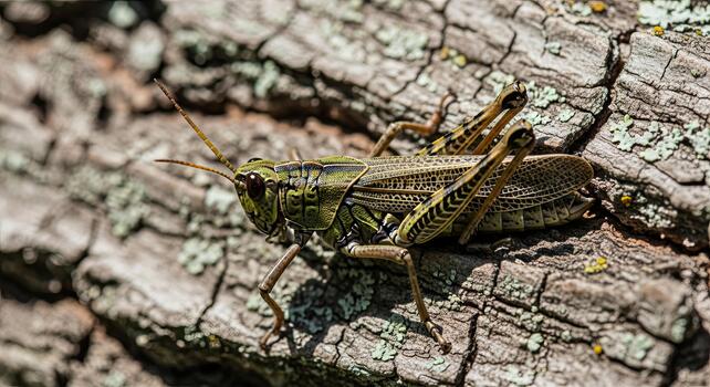 Camouflaged Grasshopper on Tree Bark - A Study in Natural Adaptation. photo
