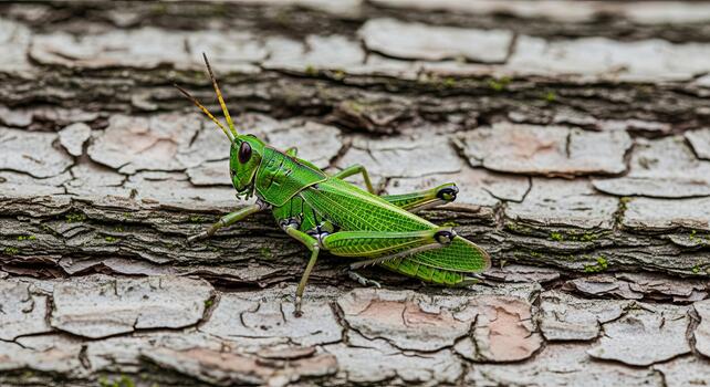 Camouflaged Green Grasshopper on Textured Tree Bark. photo