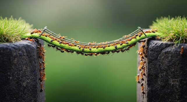 Caterpillar bridge formed by many caterpillars crossing a gap between two rocks. photo