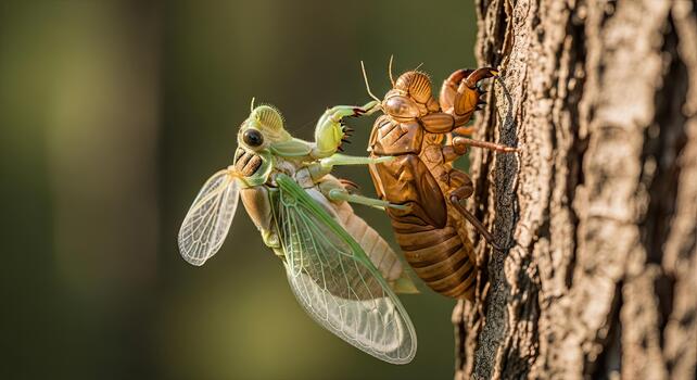 Cicada emerging from exoskeleton on tree bark, natures transformation. photo