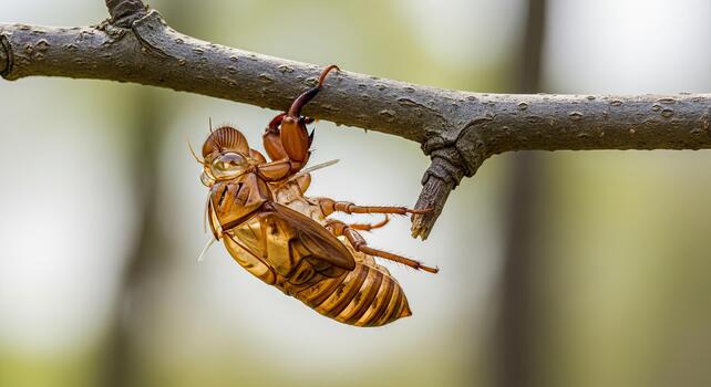 Cicada Exoskeleton Hanging on a Tree Branch in Nature. photo
