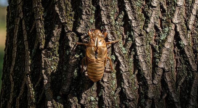 Cicada Exoskeleton on Tree Bark in Sunlight. photo