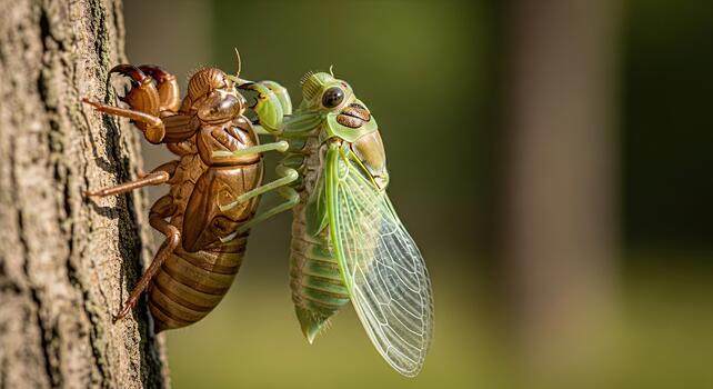 Cicada emerging from its exoskeleton on a tree trunk in a natural outdoor setting. photo