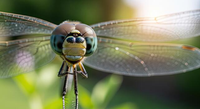 Close up macro shot of a dragonfly with iridescent wings and large compound eyes. photo