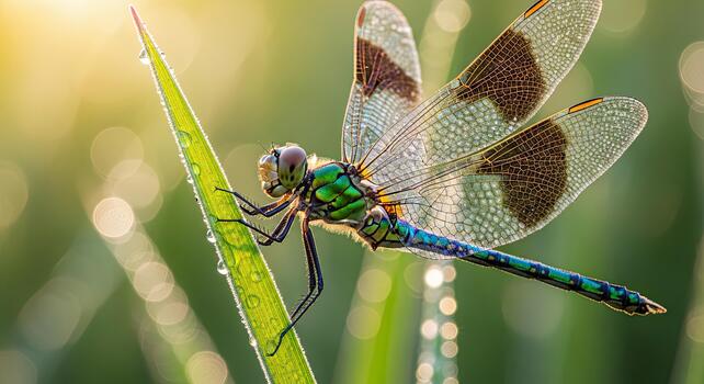 Close up of a beautiful dragonfly with intricate wing patterns resting on a blade of grass at sunrise. photo
