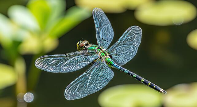 Close up of a beautiful green dragonfly with transparent wings hovering over water with lily pads. photo