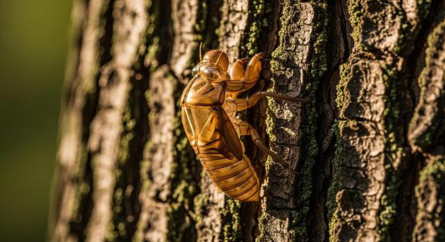 Close up of a cicada shell clinging to a textured tree bark. photo