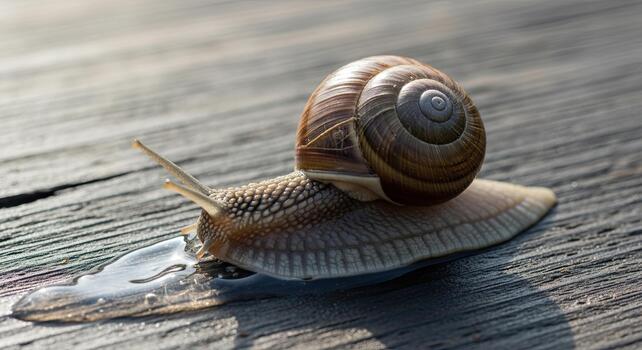 Close up of a garden snail slowly crawling across a weathered wooden surface. photo