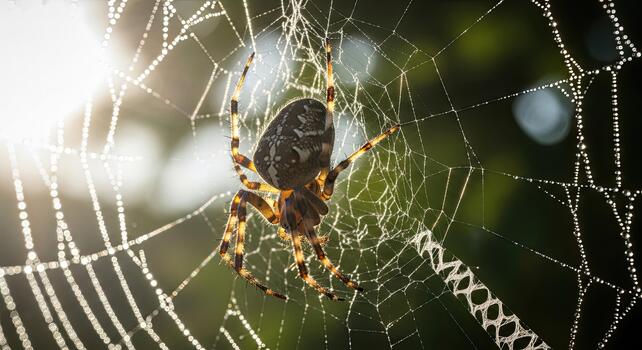 Close up of a garden spider on its intricate web with morning sun shining through. photo