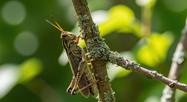 Close up of a grasshopper clinging to a branch in a natural outdoor setting. photo