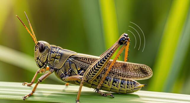 Close up of a Grasshopper on a green leaf with sunlight. photo