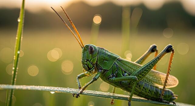 Close up of a green grasshopper on a blade of grass with dew drops at sunrise. photo